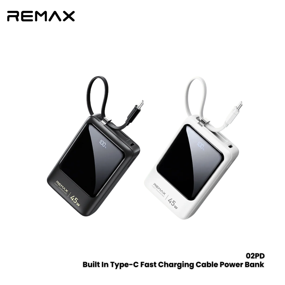 REMAX---02PD 20000MAH 45W BUILLT-IN TYPE-C FAST CHARGING CABLE POWER BANK (INPUT/OUTPUT-TYPE-C/TYPE-C CABLE)(266396)(NPL-8/2026) - 01020388BK